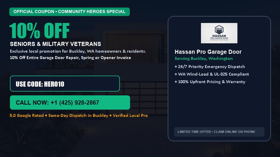 Hassan Pro Garage Door 10% OFF Seniors & Military Veterans in Buckley, WA